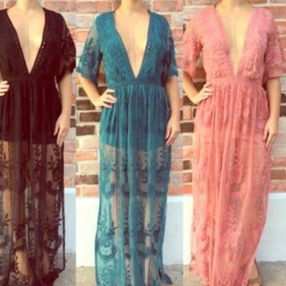 Teal Lace Maxi Romper Dress